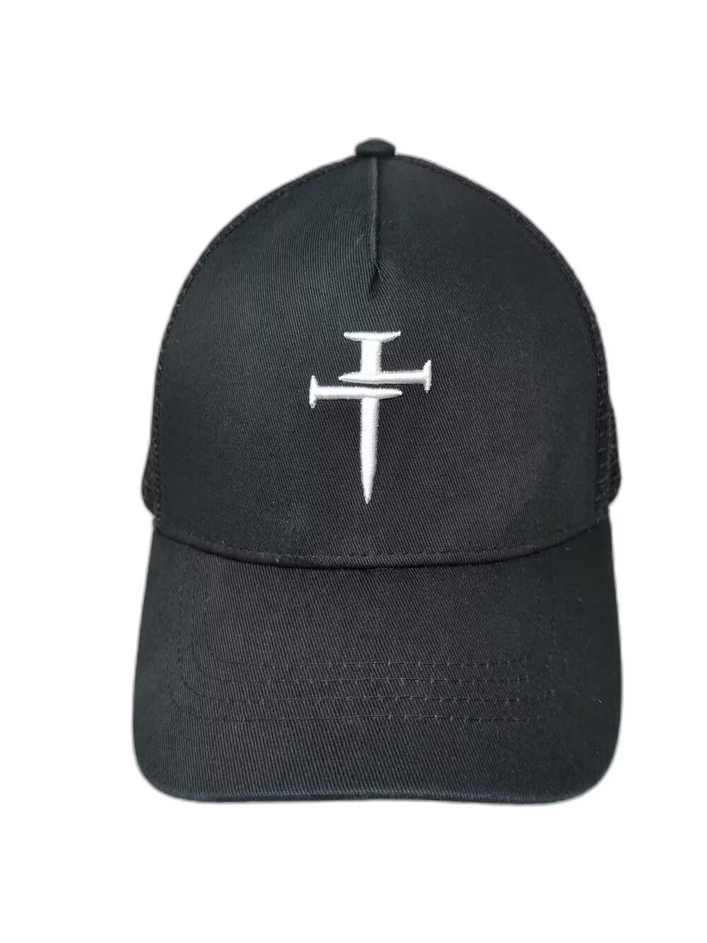 Three Nails Black OS Trucker Hat Embroidered Cross Logo Mesh Snapback Crown
